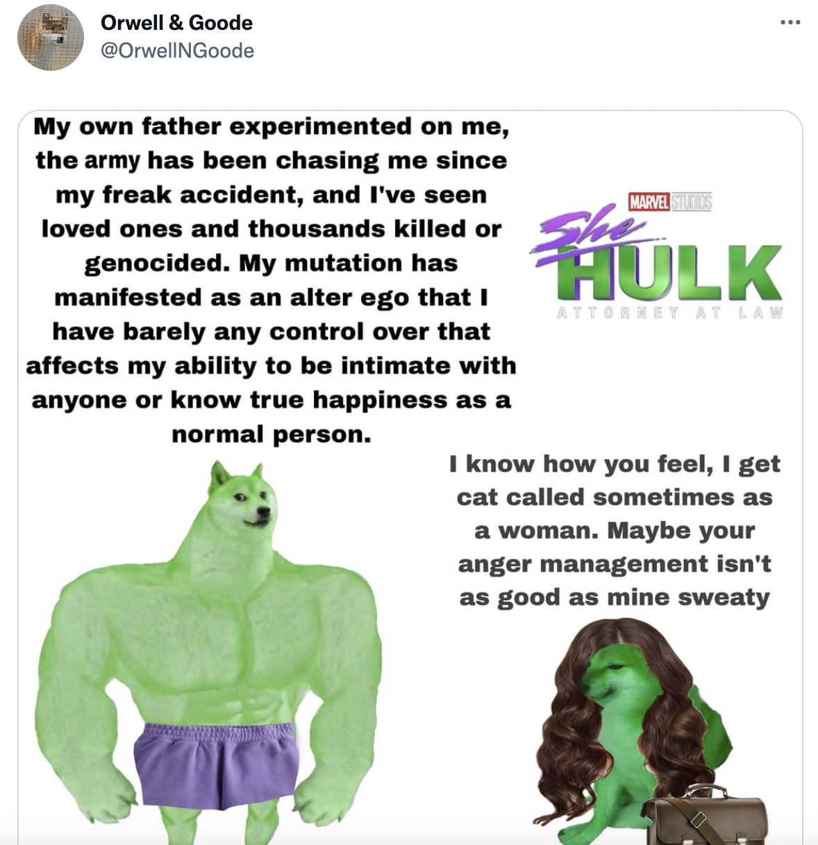 She-Hulk memes - top - Orwell & Goode My own father experimented on me, the army has been chasing me since my freak accident, and I've seen loved ones and thousands killed or genocided. My mutation has manifested as an alter ego that I have barely any con