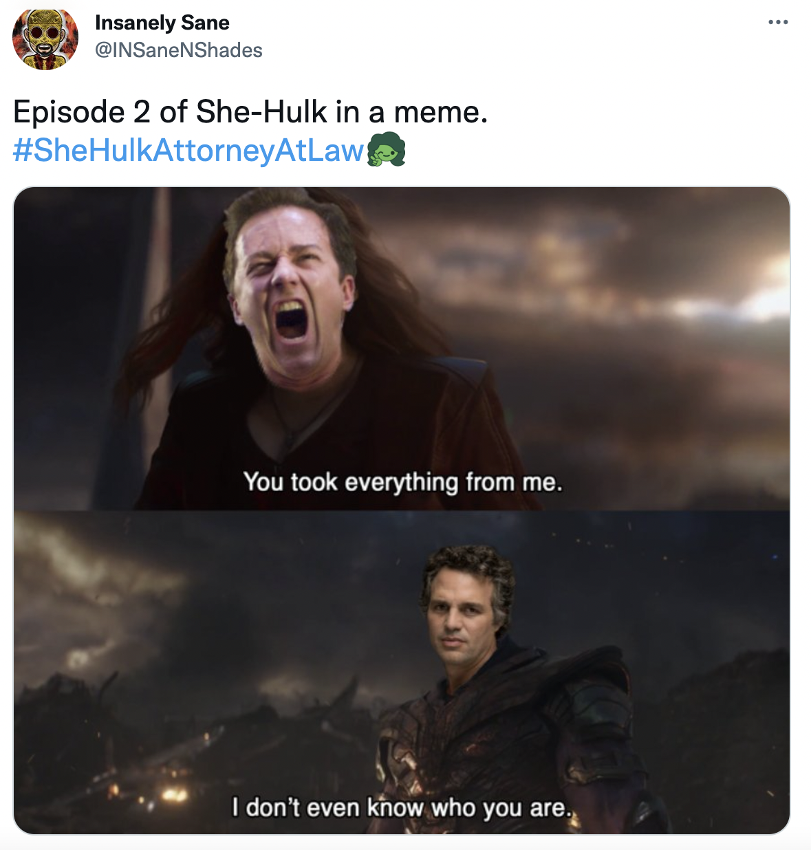 She-Hulk memes - you took everything from me - Insanely Sane Episode 2 of SheHulk in a meme. ! You took everything from me. I don't even know who you are.