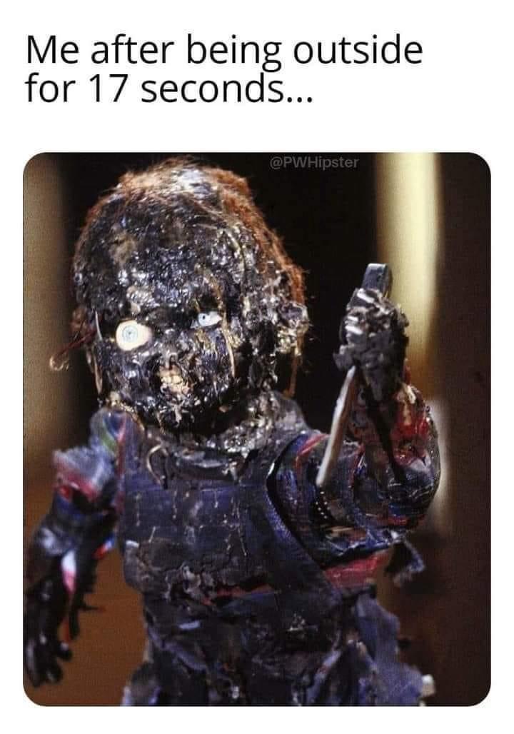 funny memes and pics - action figure - Me after being outside for 17 seconds...