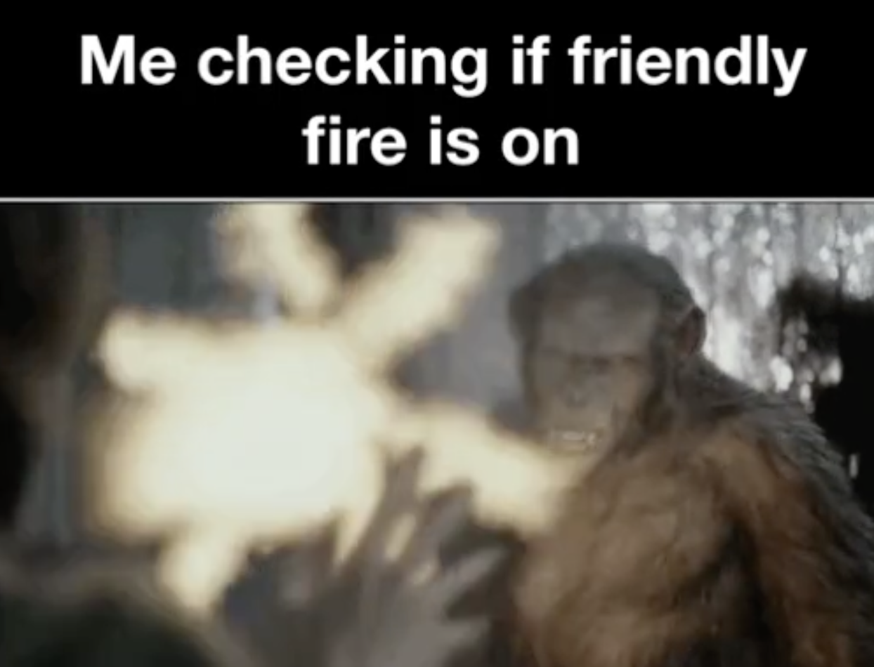 Gaming memes - sign - Me checking if friendly fire is on