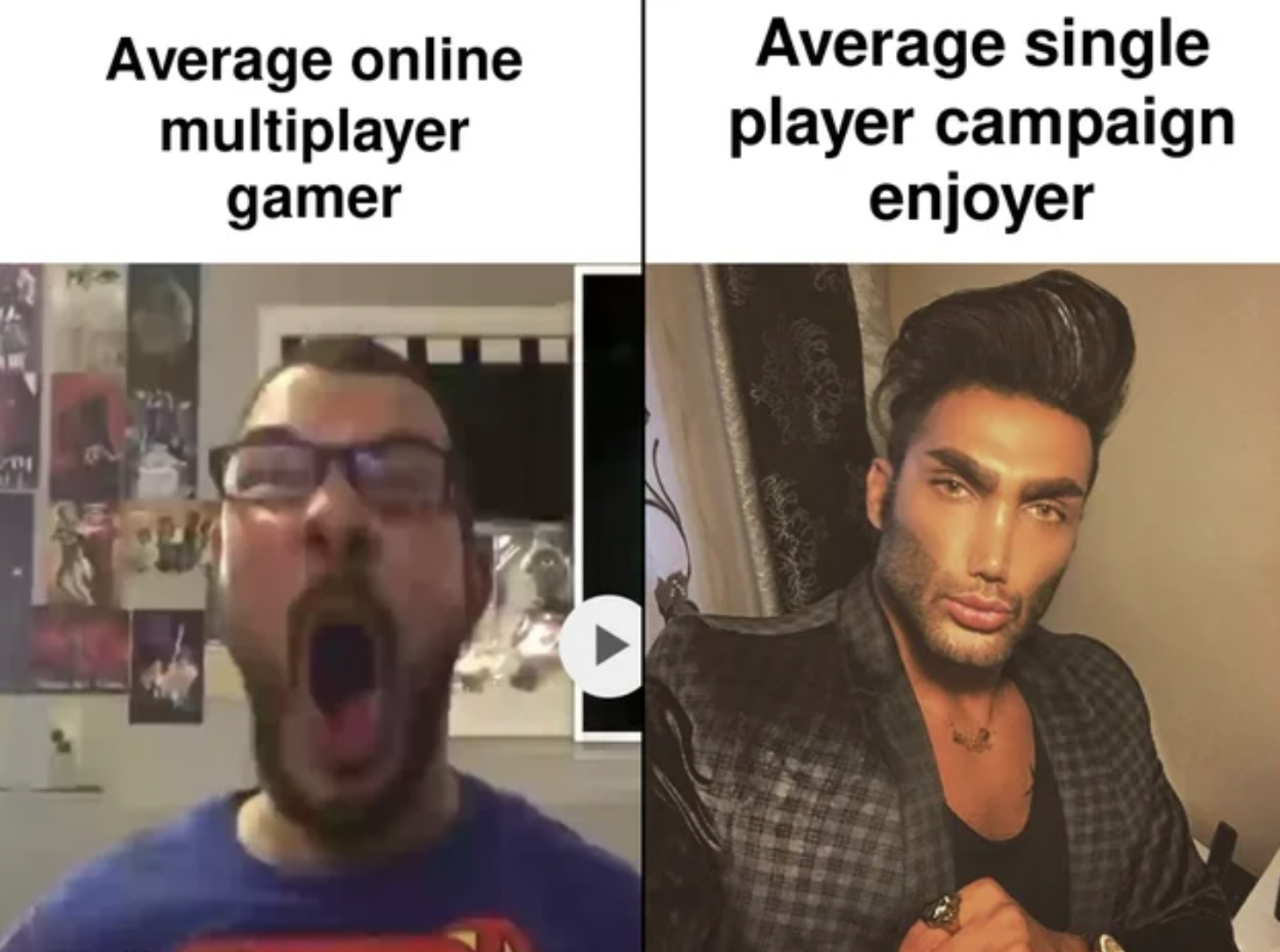 Gaming memes - photo caption - m Average online multiplayer gamer Average single player campaign enjoyer