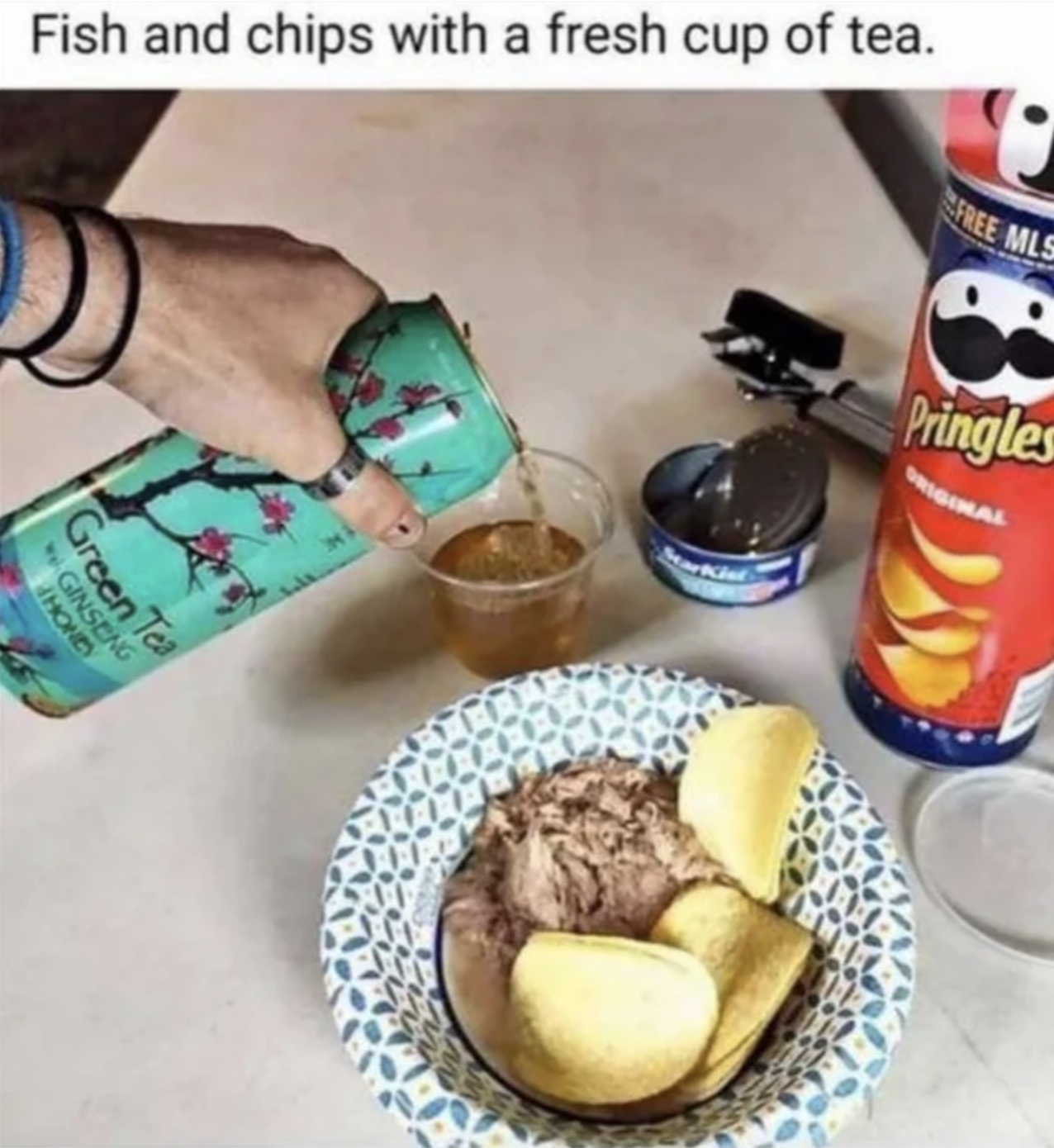 Pictures that techincally tell the truth - fish and chips tuna pringles - Fish and chips with a fresh cup of tea. Ginseng Green Tea Hond Free Mls Pringles Priginal