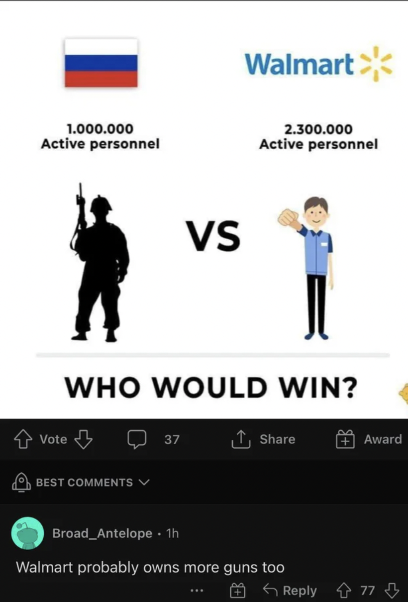 Pictures that techincally tell the truth - walmart - 1.000.000 Active personnel Vote Vs Best Walmart Who Would Win? 2.300.000 Active personnel