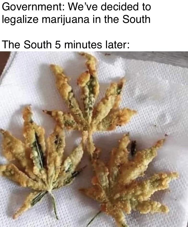 funny memes - deep fried marijuana leaves - Government We've decided to legalize marijuana in the South The South 5 minutes later