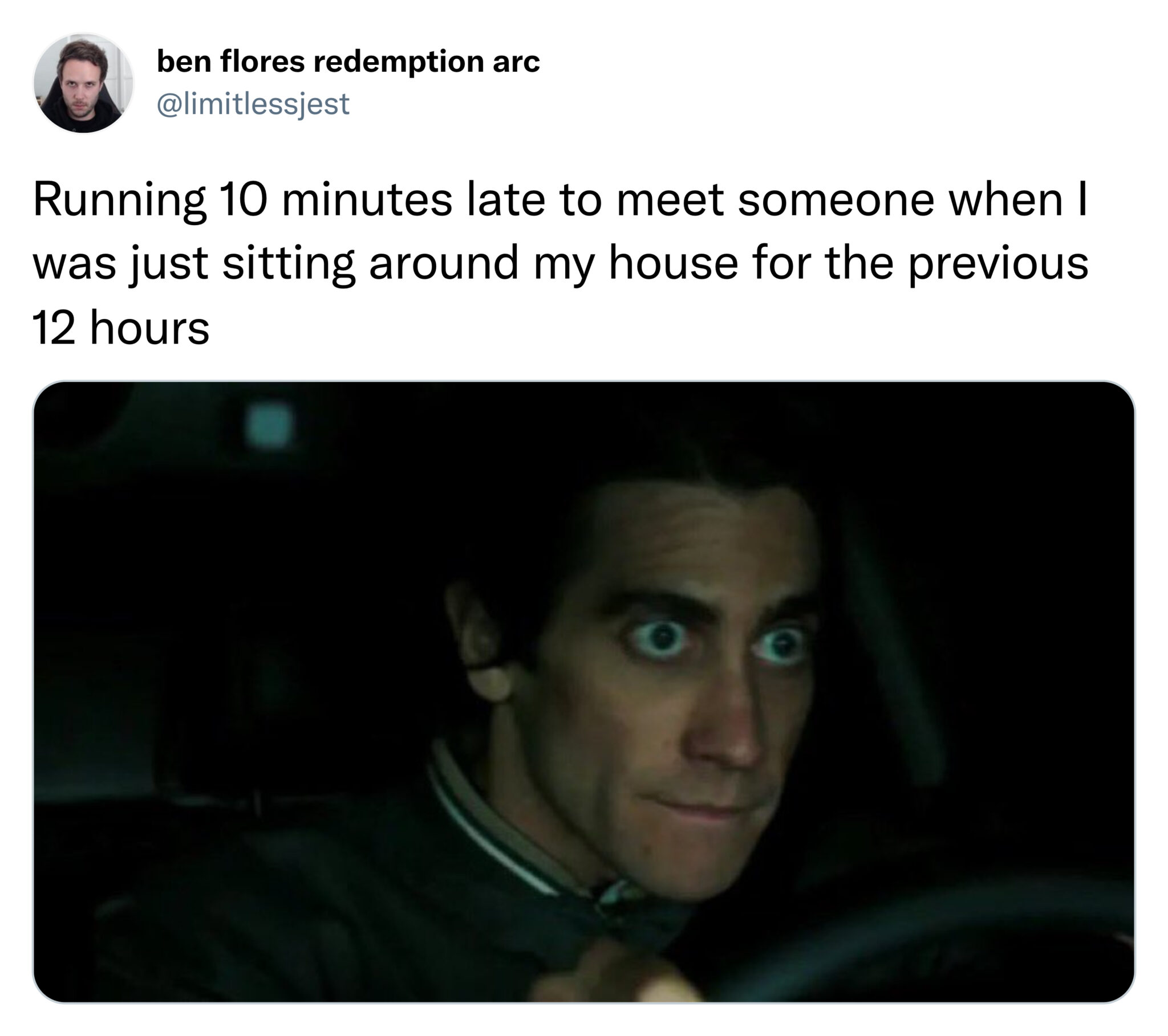 Monday Morning Randomness - photo caption - ben flores redemption arc Running 10 minutes late to meet someone when I was just sitting around my house for the previous 12 hours