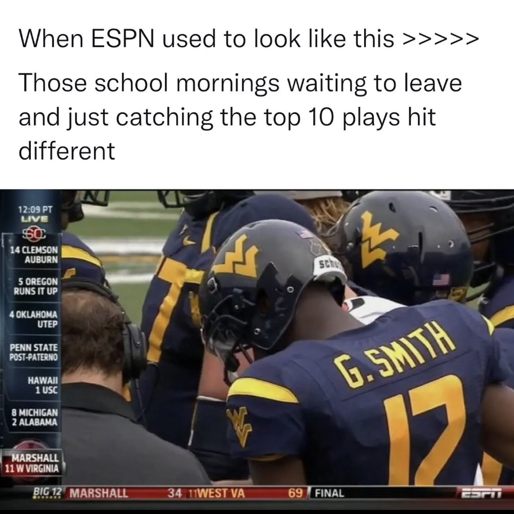 NFL memes preseason - sportscenter screenshot - When Espn used to look this >>>>> Those school mornings waiting to leave and just catching the top 10 plays hit different Pt Live $0 14 Clemson Auburn 5 Oregon Runs It Up 4 Oklahoma Utep Penn State PostPater