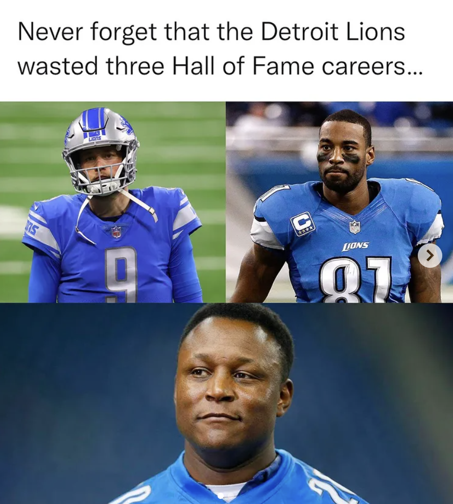 NFL memes preseason - mat stafford with helmet - Never forget that the Detroit Lions wasted three Hall of Fame careers... 0 Lions 07
