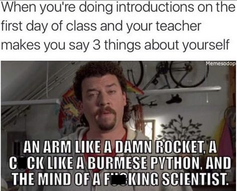 you must be new here - When you're doing first day of class and your teacher makes you say 3 things about yourself introductions on the Memesodop An Arm A Damn Rocket, A Cock A Burmese Python, And The Mind Of A Fooking Scientist.