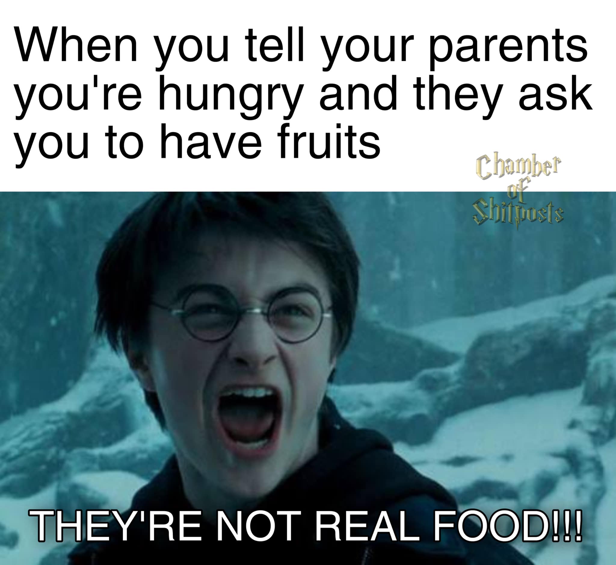 Harry Potter memes - harry potter - When you tell your parents you're hungry and they ask you to have fruits Chamber Of Shitpusts They'Re Not Real Food!!!
