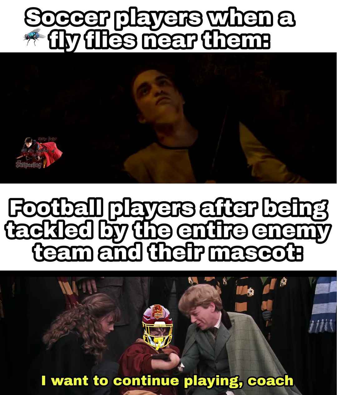 Harry Potter memes - photoshoop - Soccer players when a fly flies near them Shitposting Football players after being tackled by the entire enemy team and their mascot I want to continue playing, coach