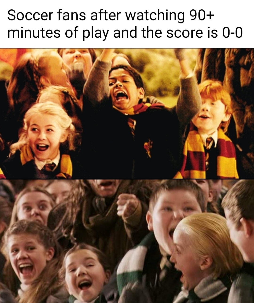 Harry Potter memes - human behavior - Soccer fans after watching 90 minutes of play and the score is 00
