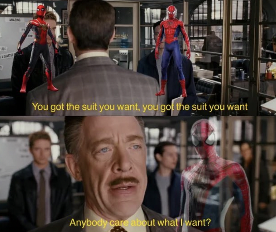 Spider-Man PS4 Memes - risan J You got the suit you want, you got the suit you want Anybody care about what I want?