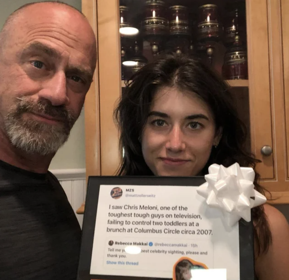 Law & Order: SVU memes - chris meloni daughter tweet - Mis I saw Chris Meloni, one of the toughest tough guys on television, failing to control two toddlers at a brunch at Columbus Circle circa 2007. Rebecca Makkal est celebrity sighting, please and