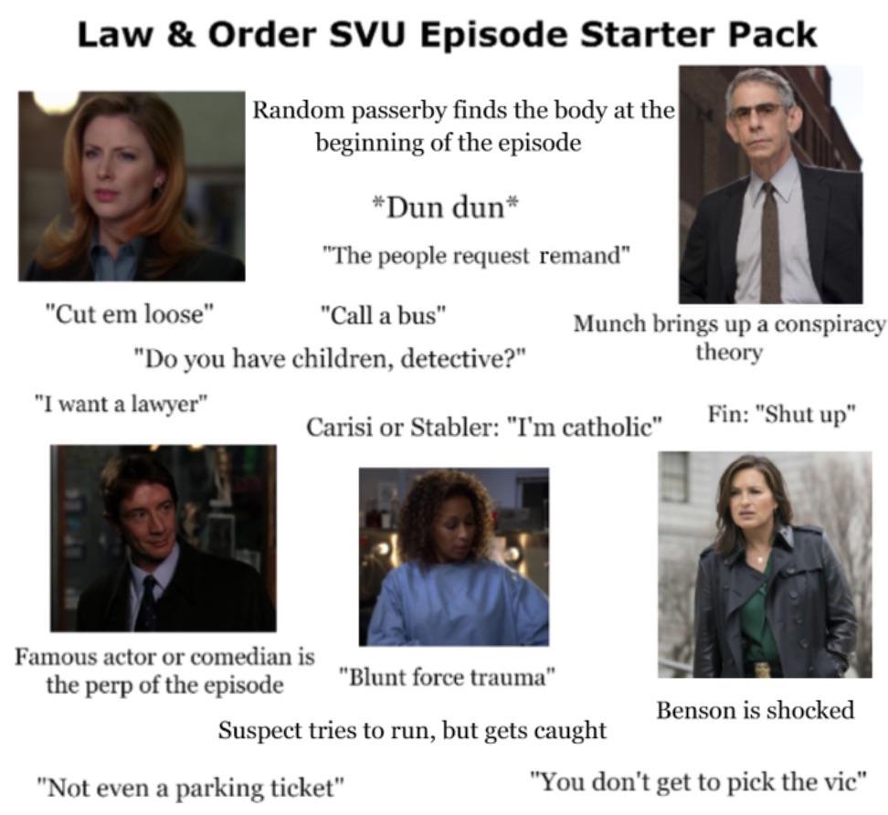 Law & Order: SVU memes - law and order svu starter pack - Law & Order Svu Episode Starter Pack Random passerby finds the body at the beginning of the episode "Cut em loose" "Call a bus" "Do you have children, detective?" "I want a lawyer" Dun dun "The peo