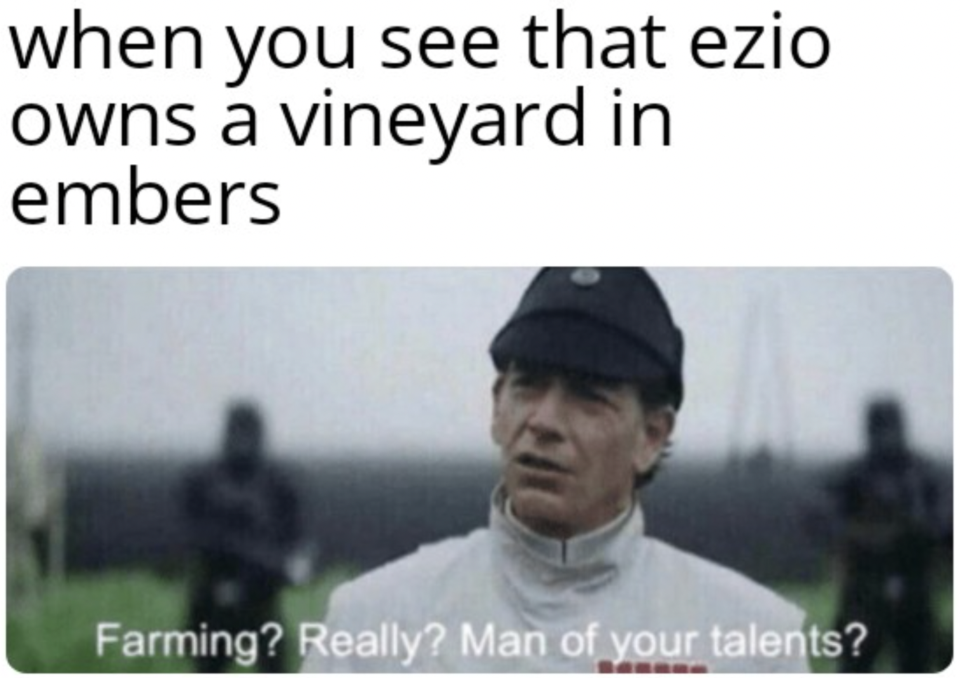 Assassin's Creed Memes - photo caption - when you see that ezio owns vineyard in embers Farming? Really? Man of your talents?