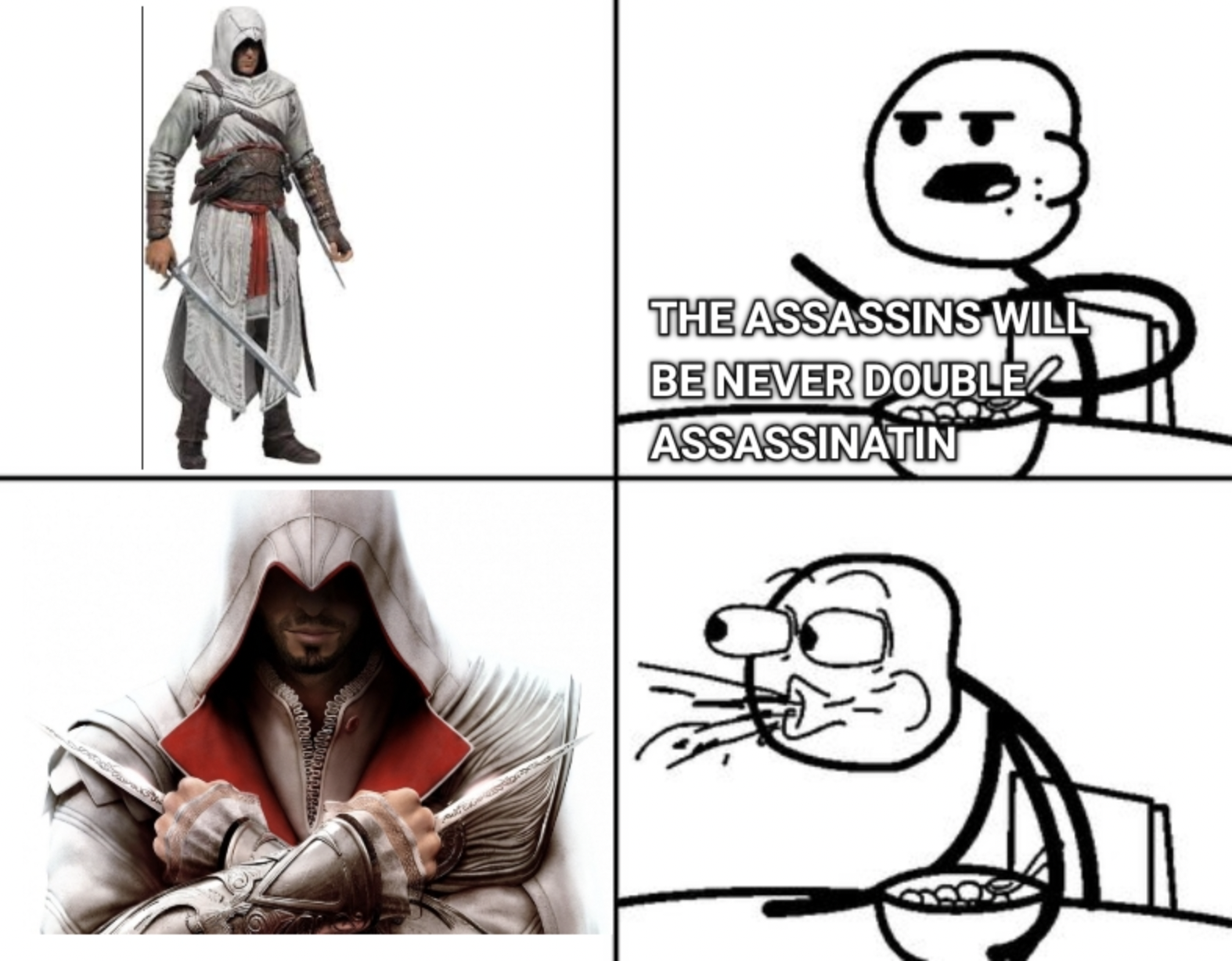 Assassin's Creed Memes - cartoon - The Assassins Will Be Never Double Assassinatin