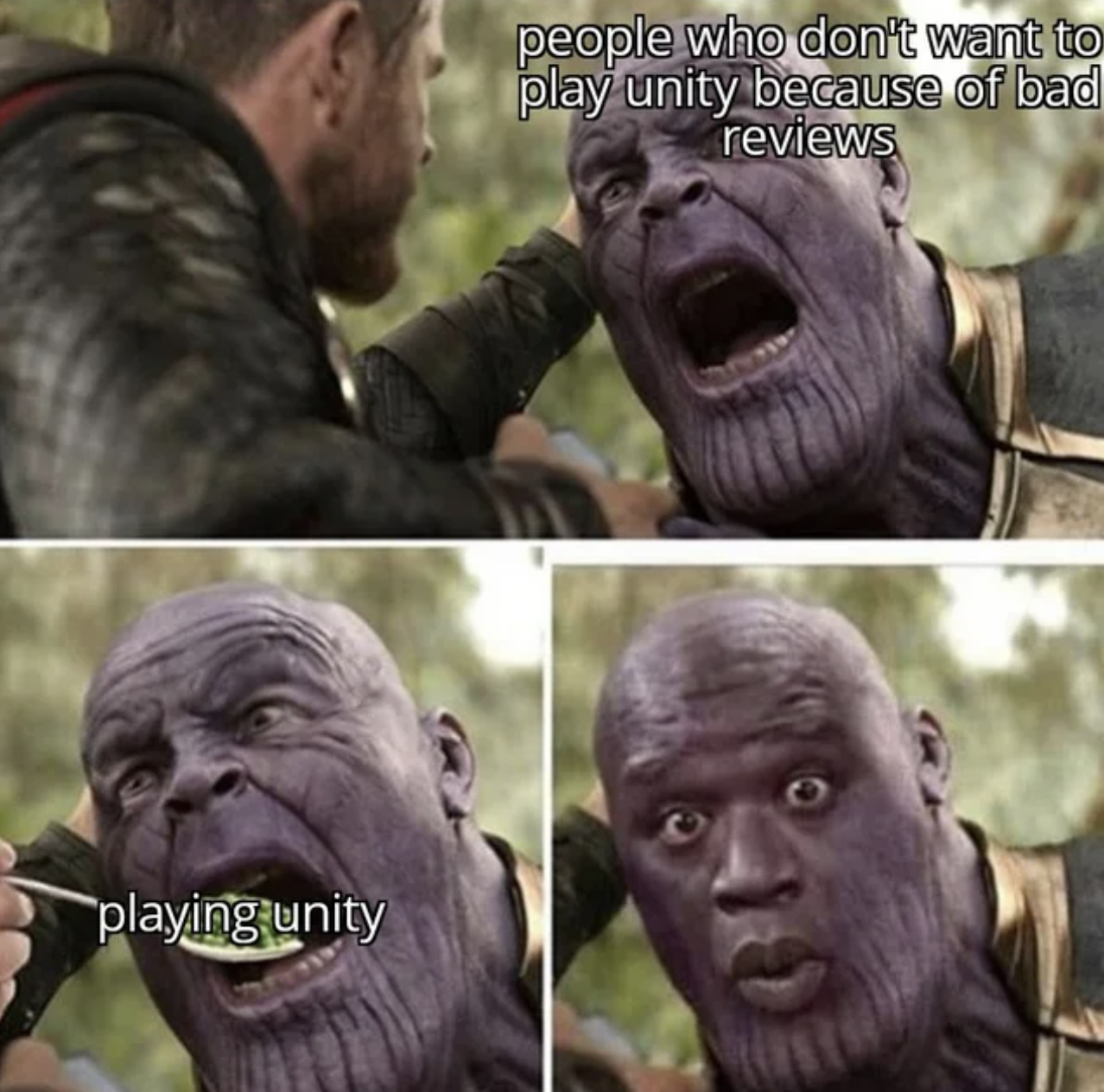 Assassin's Creed Memes - thanos eating peas meme - playing unity people who don't want to play unity because of bad reviews