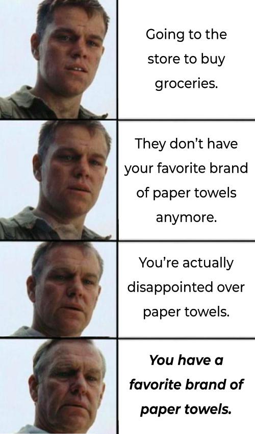 dank memes and pics - head - Going to the store to buy groceries. They don't have your favorite brand of paper towels anymore. You're actually disappointed over paper towels. You have a favorite brand of paper towels.