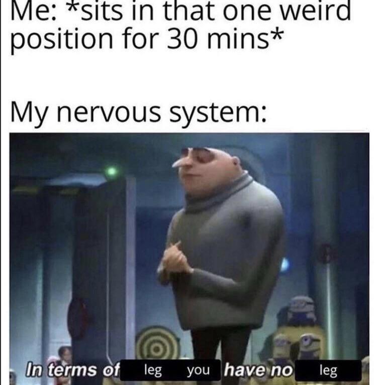 dank memes and pics - Memedroid - Me sits in that one weird position for 30 mins My nervous system In terms of leg you have no leg
