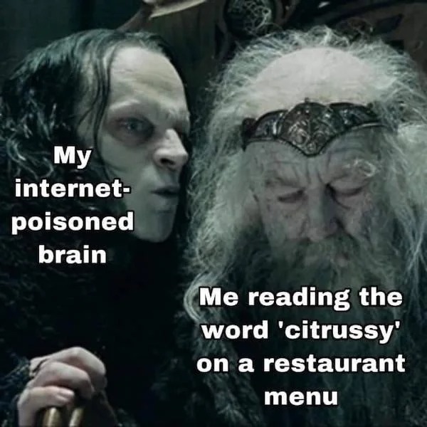 thirsty thursday memes - photo caption - My internet poisoned brain Me reading the word 'citrussy' on a restaurant menu
