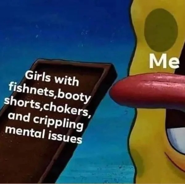 thirsty thursday memes - material - Girls with fishnets,booty shorts,chokers, and crippling mental issues Me