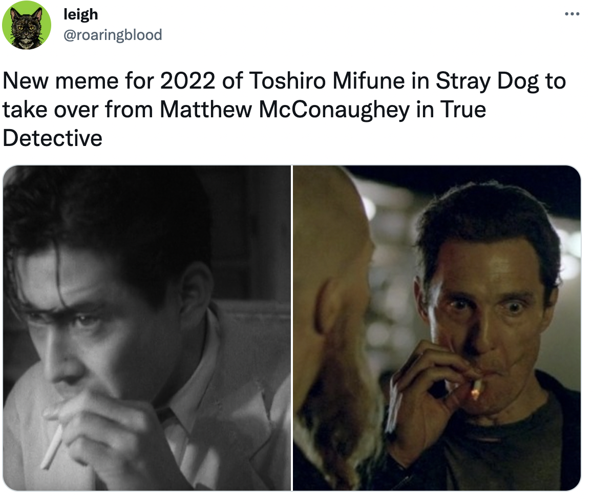 True Detective show memes - photo caption - leigh www New meme for 2022 of Toshiro Mifune in Stray Dog to take over from Matthew McConaughey in True Detective