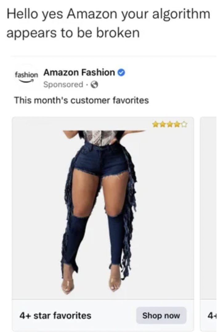 Funny Facepalms - thigh - Hello yes Amazon your algorithm appears to be broken fashion Amazon Fashion Sponsored This month's customer favorites 4 star favorites Shop now P