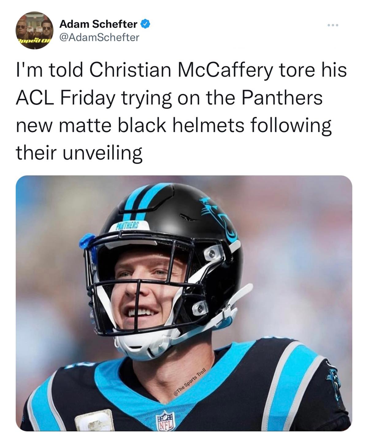 NFL football memes - bicycle helmet - pped of Adam Schefter I'm told Christian McCaffery tore his Acl Friday trying on the Panthers new matte black helmets ing their unveiling Panthers Infl ... Sports Troll