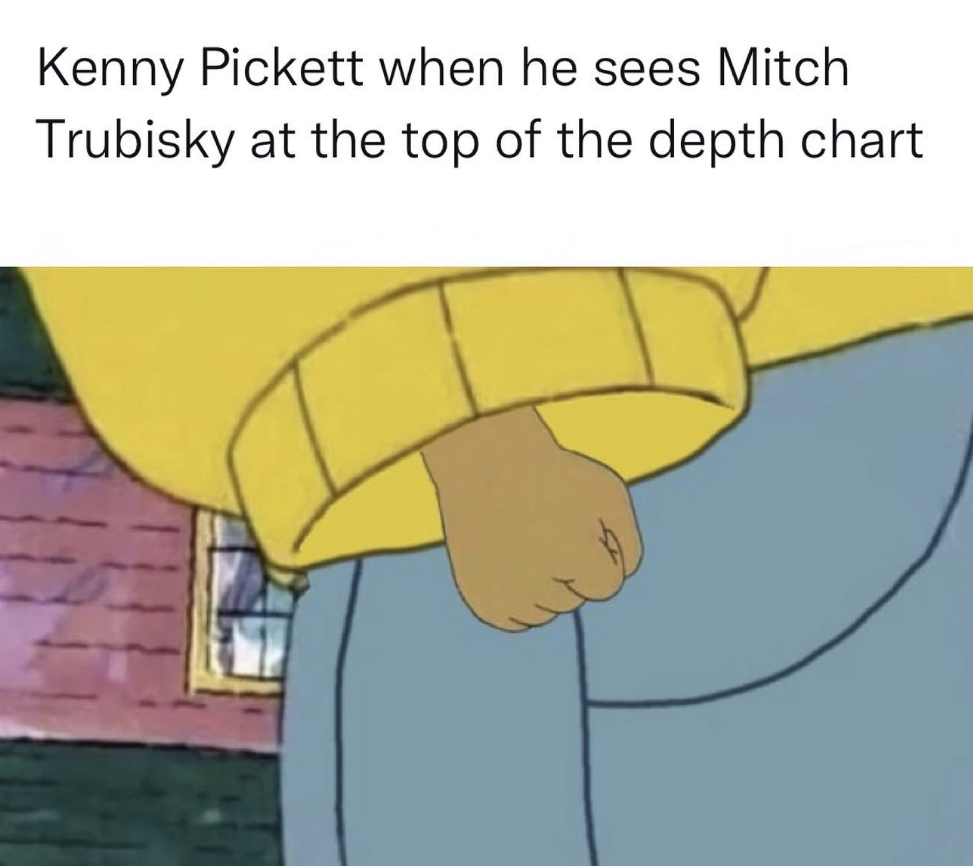 NFL football memes - cartoon - Kenny Pickett when he sees Mitch Trubisky at the top of the depth chart