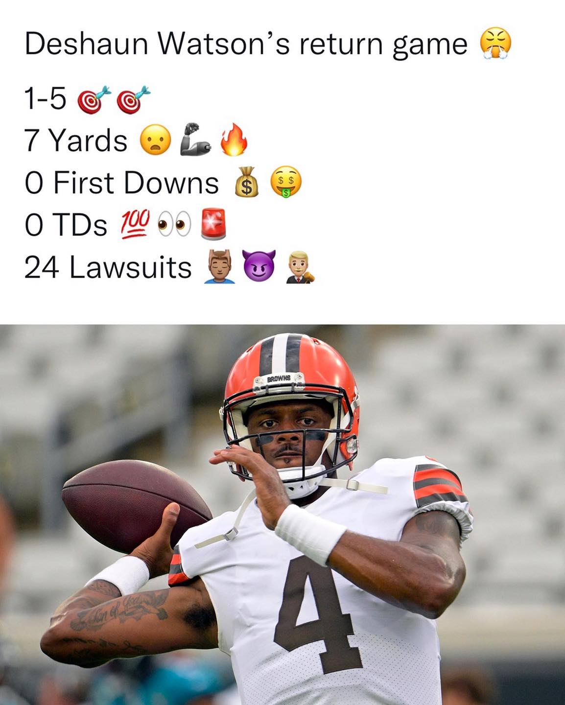 NFL football memes - deshaun watson - Deshaun Watson's return game 15 O 7 Yards O First Downs $ O Tds 100 0 24 Lawsuits Son of Love $ Browns 4