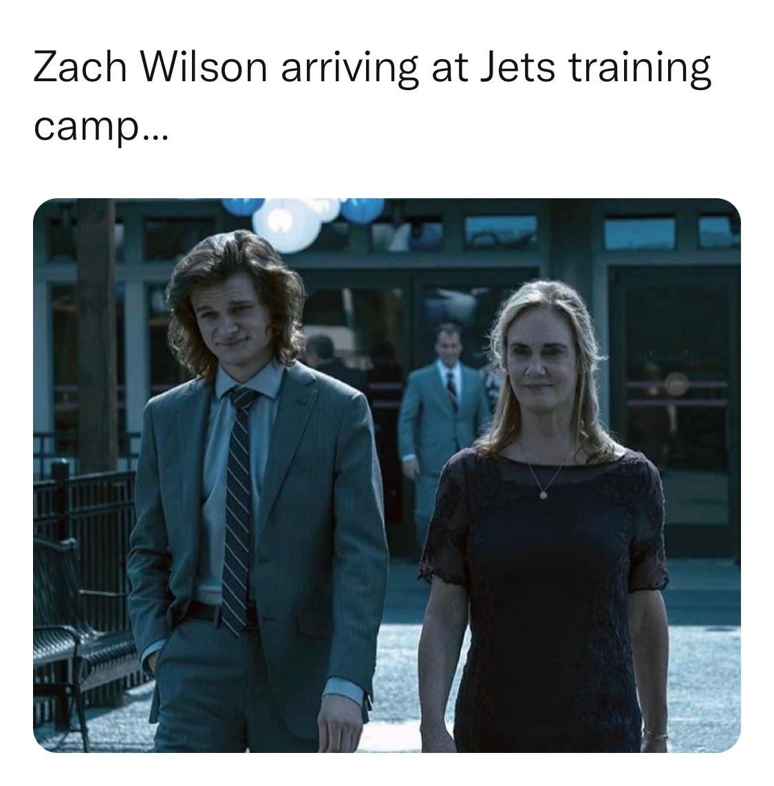 NFL football memes - darlene and wyatt ozark - Zach Wilson arriving at Jets training camp...