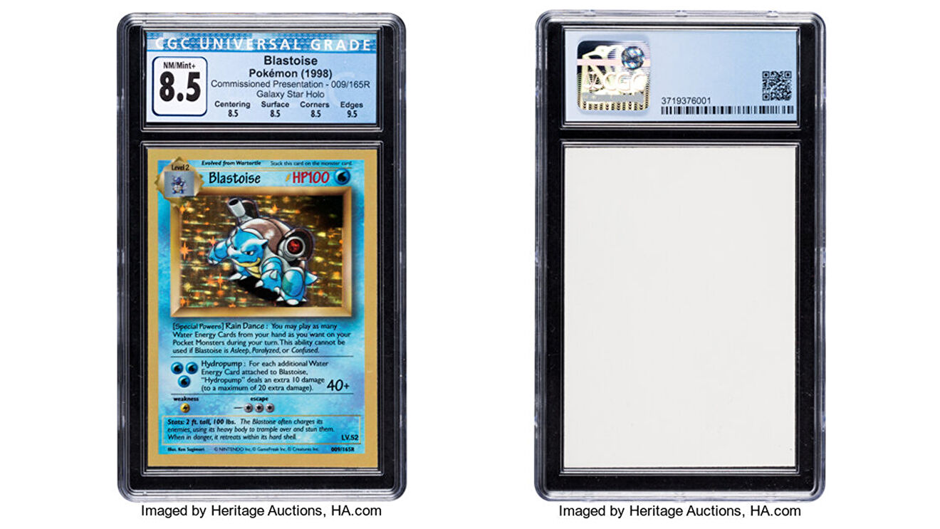 Most Valuable Trading Cards Ever - pokemon cards - Cgc Universal Grade NmMint 8.5 Level 2 Blastoise Pokmon 1998 Commissioned Presentation009165R weakness Galaxy Star Holo Centering Surface Corners 8.5 8.5 8.5 Evolved from Wartortle Blastoise Sock this car
