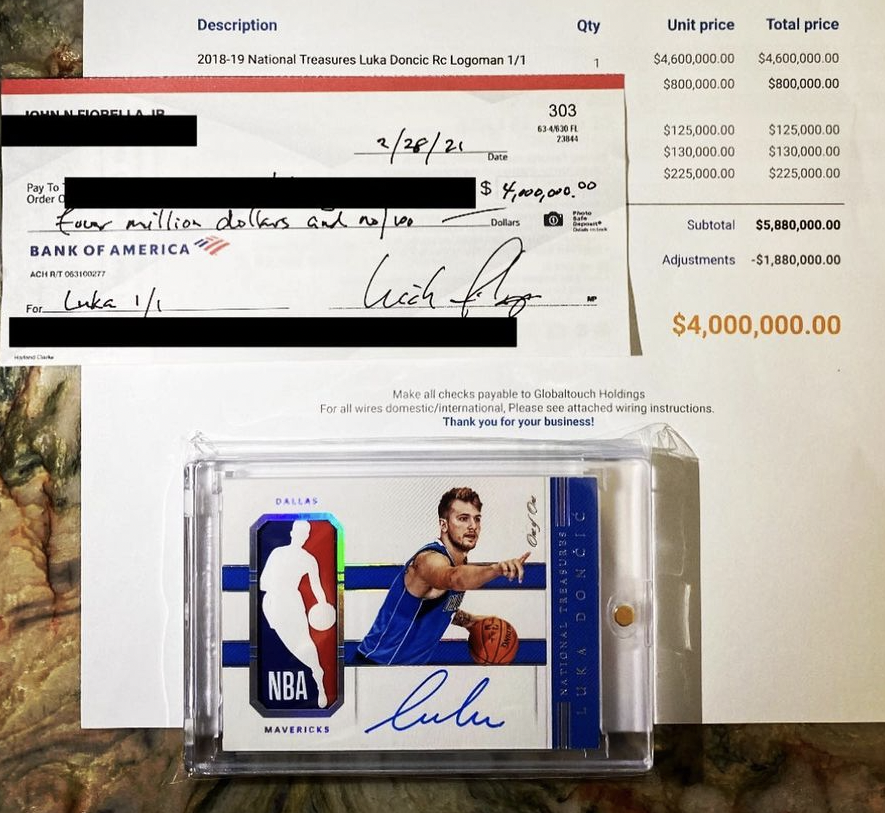Most Valuable Trading Cards Ever - luka doncic 4.6 million card - John N Fiorella Ip Pay To Order Achbut Ty fover million dollars and no100 Bank Of America For Description 201819 National Treasures Luka Doncic Rc Logoman 11 Luka 11 22821 Ballas Date Dola 