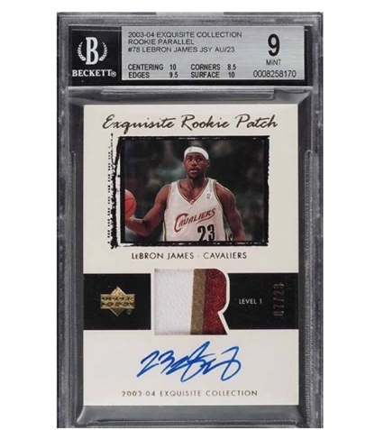 Most Valuable Trading Cards Ever - lebron james rookie card 1 million - 200304 Exquisite Collection Rookie Parallel Lebron James Jsy Au23 B Centering 10 Corners 8.5 Beckett Edges 9.5 Surface 10 Exquisite Rookie Patch Cavaliers 23 Lebron James Cavaliers Ap