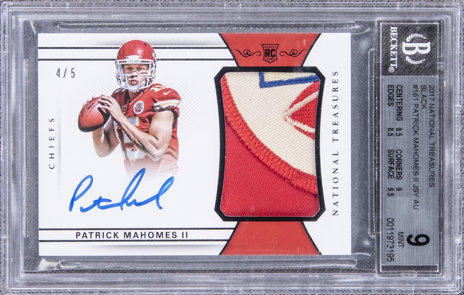 Most Valuable Trading Cards Ever - patrick mahomes national treasures rookie card - B Beckett Rc 2017 National Treasures Black Patrick Mahomes Ii Jsy Au 45 Centering 9.5 Corners 9 Edges 8.5 Surface 9.5 Senaste Inlin 9 Mint 0011973195 Patrick Mahomes Ii