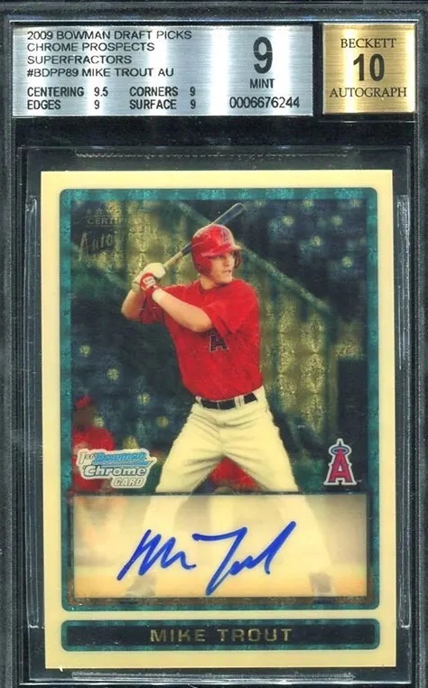 Most Valuable Trading Cards Ever - mike trout card sold - 2009 Bowman Draft Picks Chrome Prospects Superfractors Mike Trout Au Centering 9.5 Corners 9 Edges 9 Surface 9 ato To Bowman Chrome Card 9 Mint 0006676244 Mike Trout Beckett 10 Autograph A