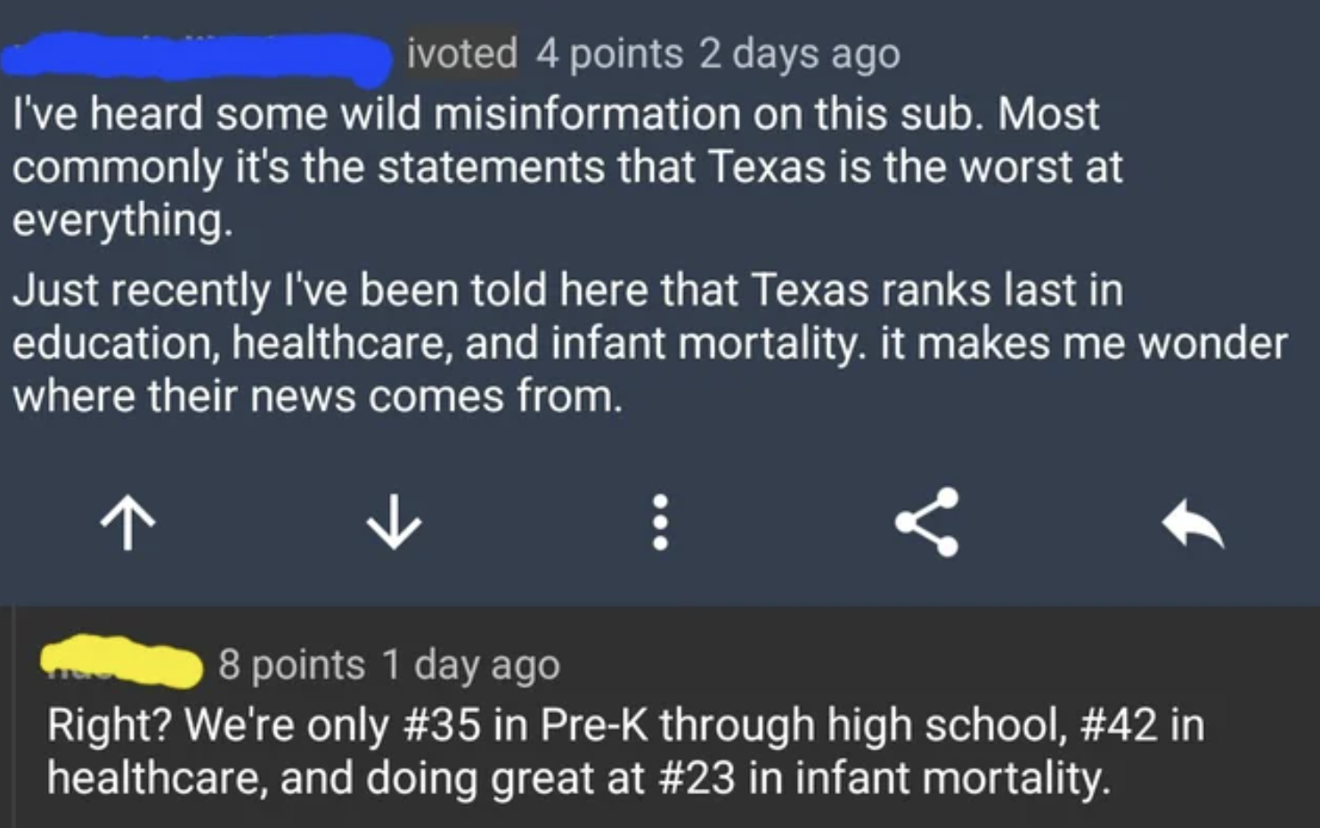 Murdered by Words - days ago I've heard some wild misinformation on this sub. Most commonly it's the statements that Texas is the worst at everything. Just recently I've been told here that Texas ranks last in education, healthcare, and infant mortality.