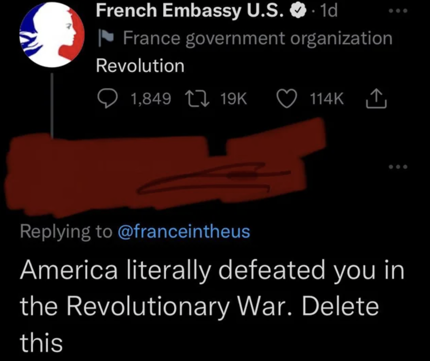 Confidently Incorrect - France government organization Revolution 1, America literally defeated you in the Revolutionary War. Delete this