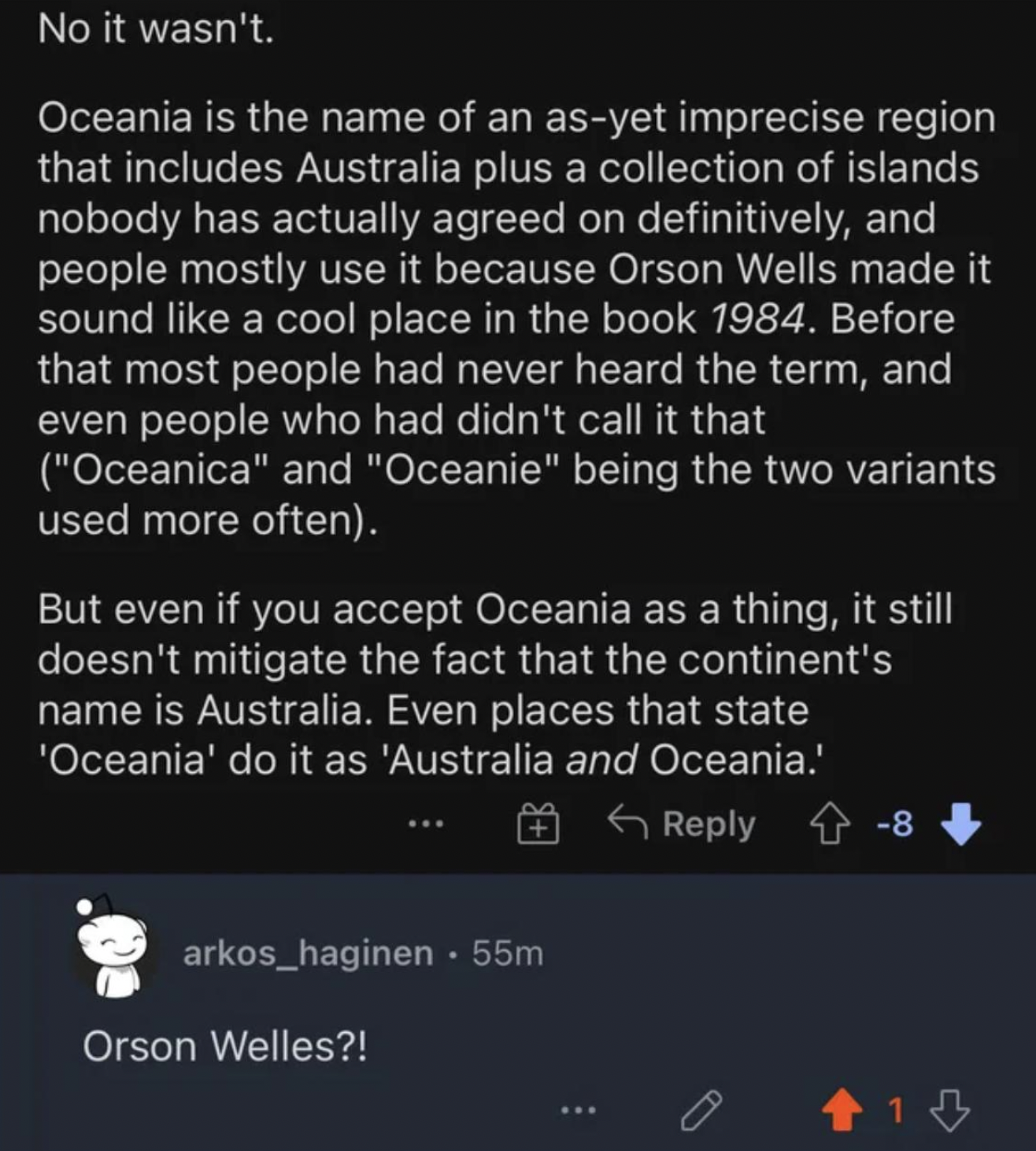 Confidently Incorrect - screenshot - No it wasn't. Oceania is the name of an asyet imprecise region that includes Australia plus a collection of islands nobody has actually agreed on definitively, and people mostly use it because Orson Wells made it sound
