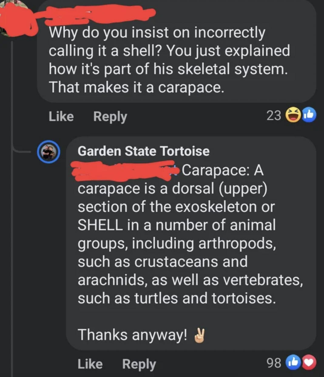 Confidently Incorrect - screenshot - Why do you insist on incorrectly calling it a shell? You just explained how it's part of his skeletal system. That makes it a carapace. A carapace is a dorsal upper section of the exoskeleton or Shell in a nu