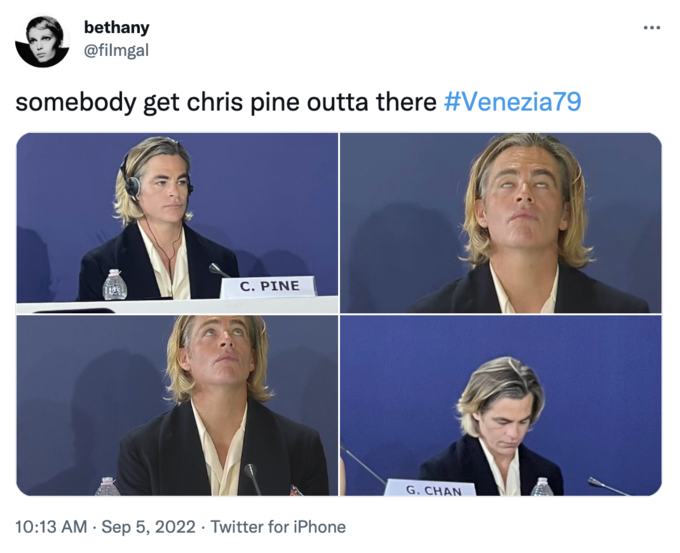 Chris Pine Venice Film Festival Memes - presentation - bethany somebody get chris pine outta there C. Pine . Twitter for iPhone G. Chan