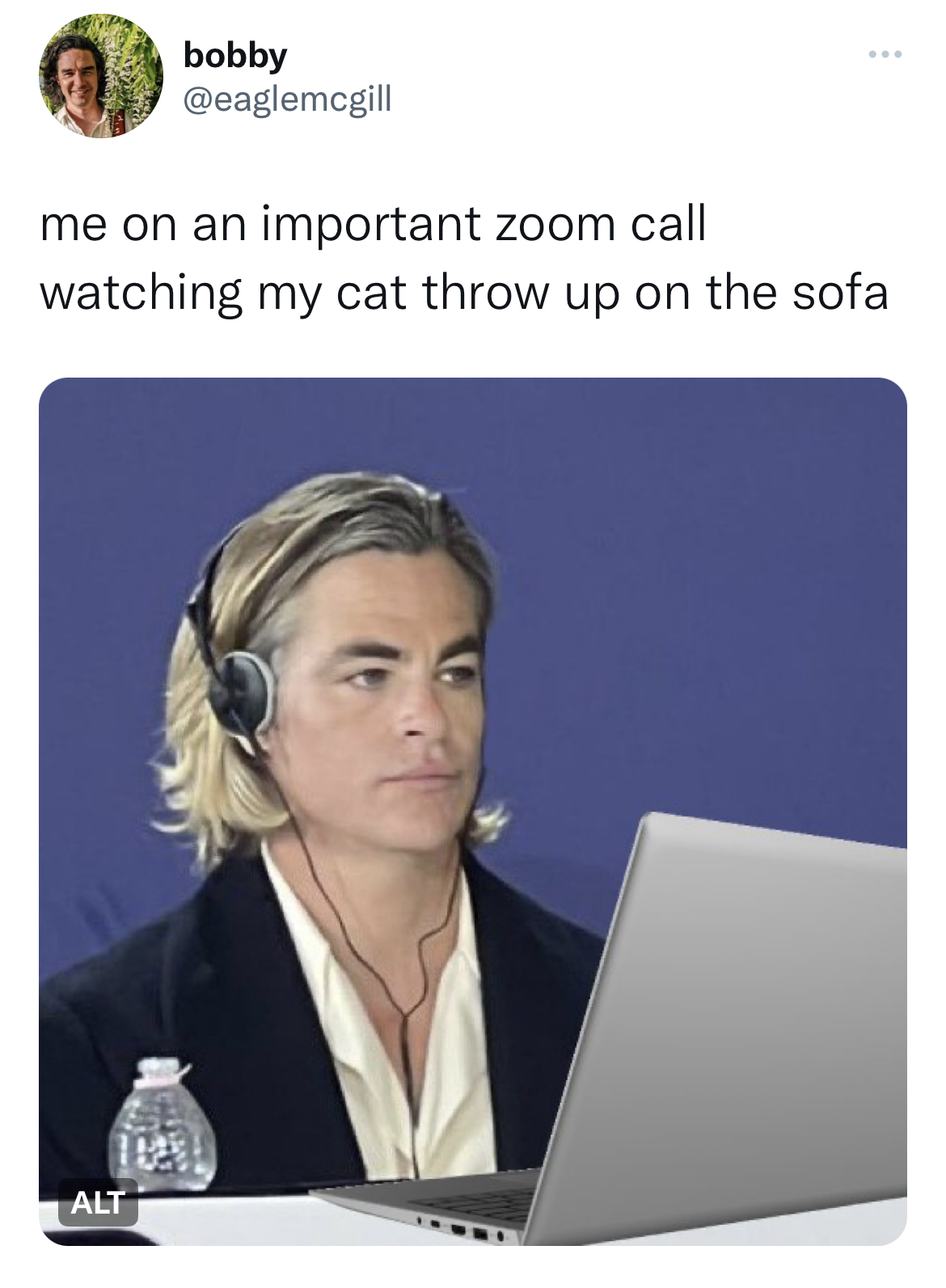 Fresh and funny tweets - Chris Pine - bobby Alt www me on an important zoom call watching my cat throw up on the sofa