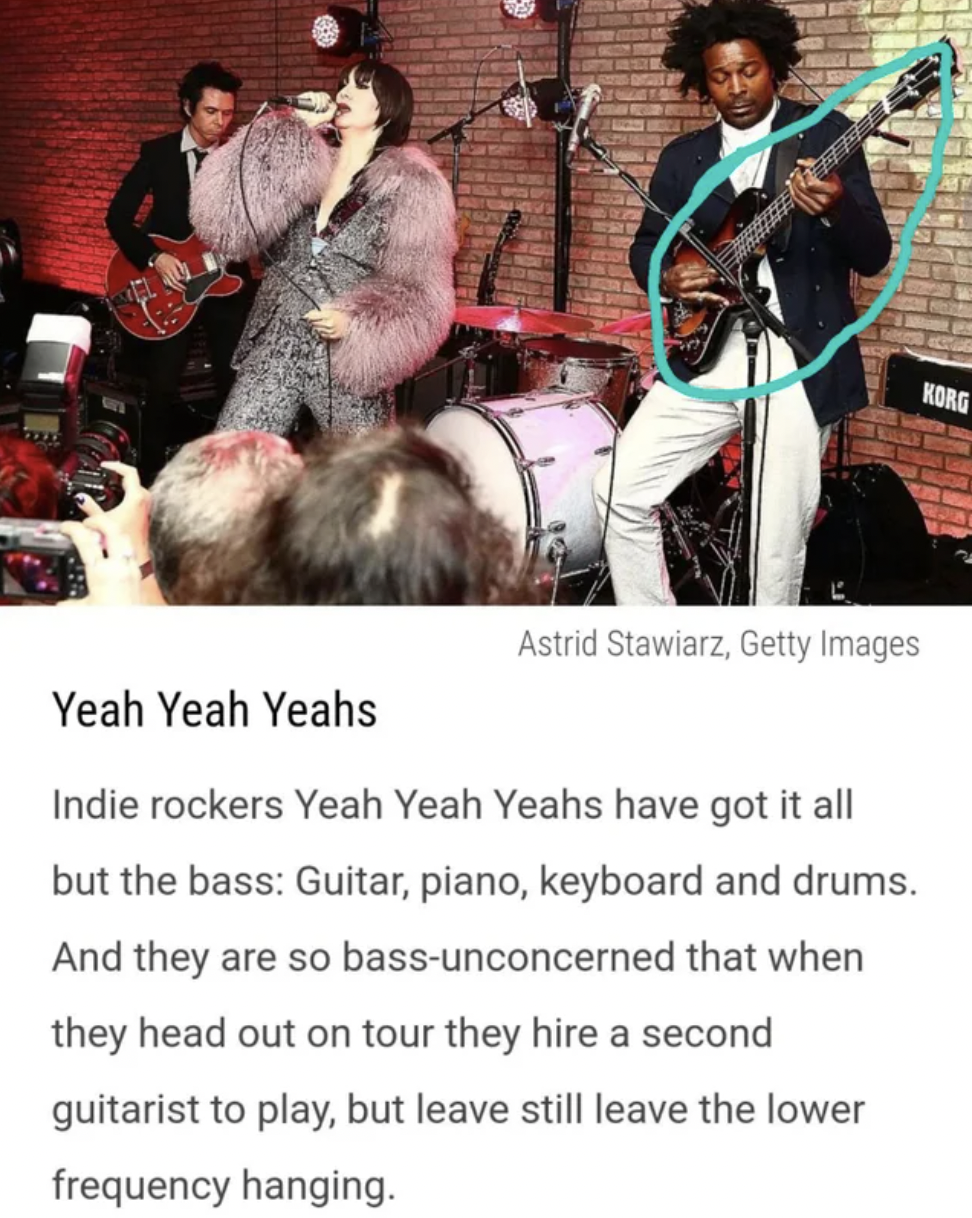 Confidently Incorrect - , Yeah Yeah Yeahs Indie rockers Yeah Yeah Yeahs have got it all but the bass Guitar, piano, keyboard and drums.