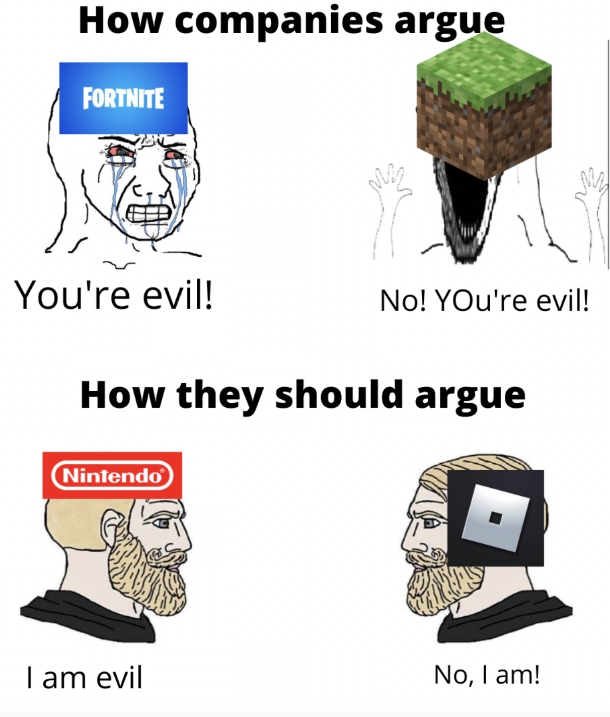 Gaming memes - How companies argue Fortnite You're evil! How they should argue 1 Nintendo No! YOu're evil! I am evil No, I am!