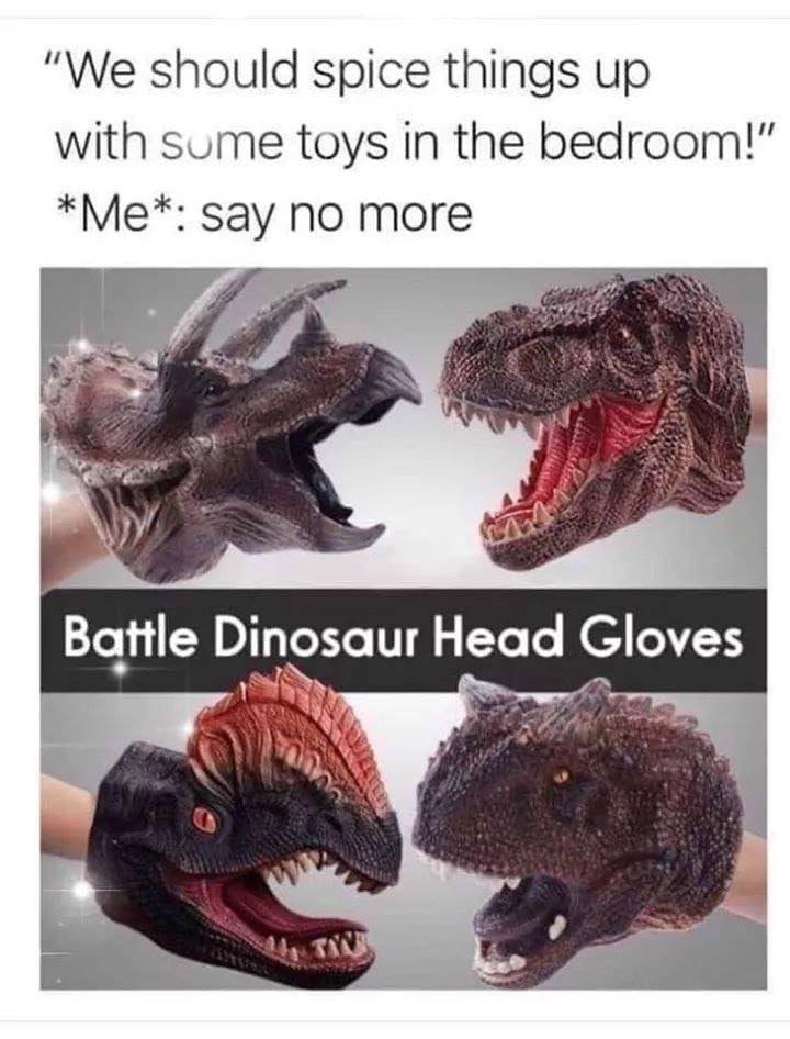 monday morning randomness - battle dinosaur head gloves meme - "We should spice things up with some toys in the bedroom!" Me say no more Battle Dinosaur Head Gloves Altin