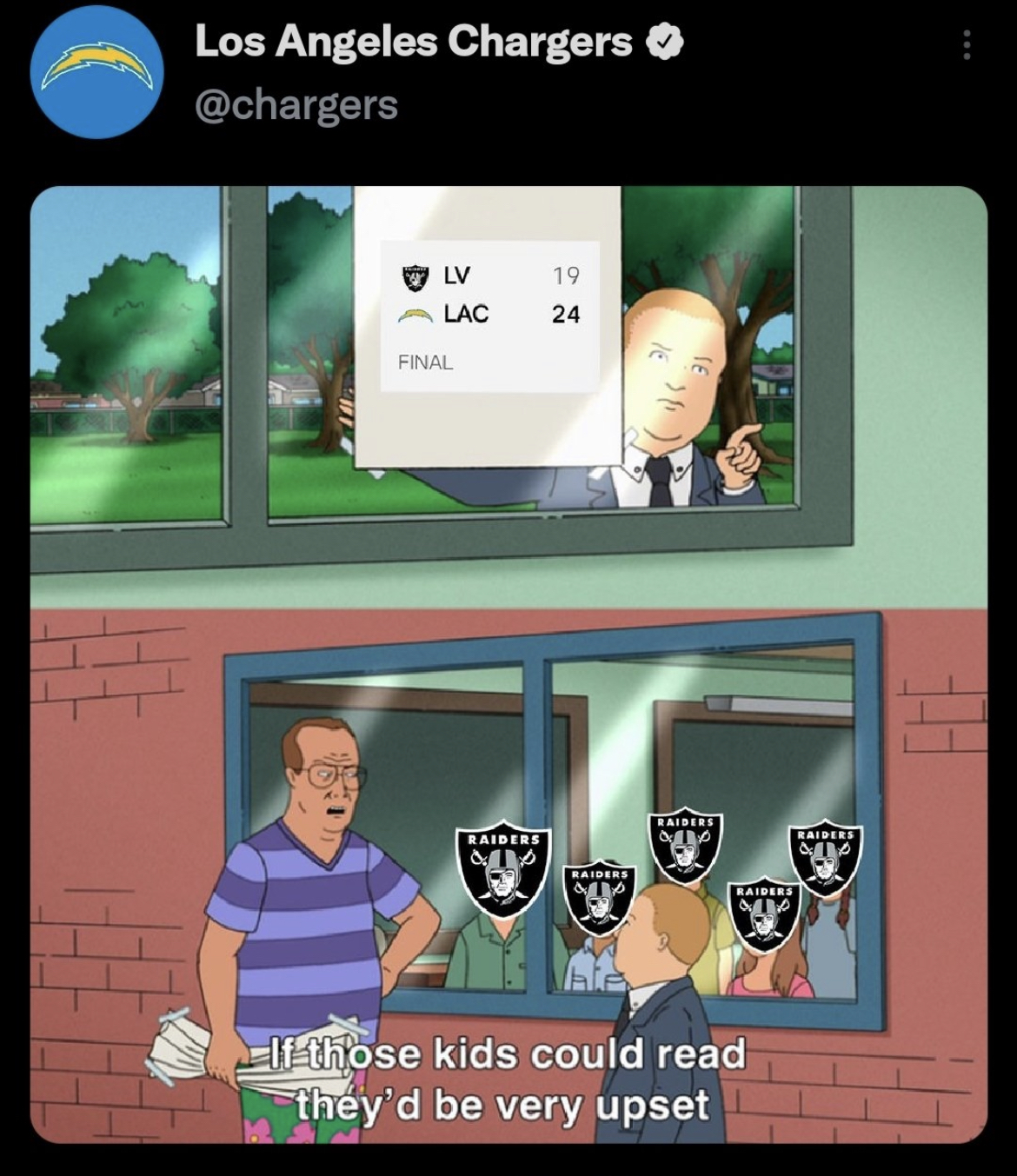 NFL memes week 1 2022 - oakland raiders - Los Angeles Chargers > Lv Lac Final Raidere 19 24 Raidere Faibert If those kids could read they'd be very upset Taidet