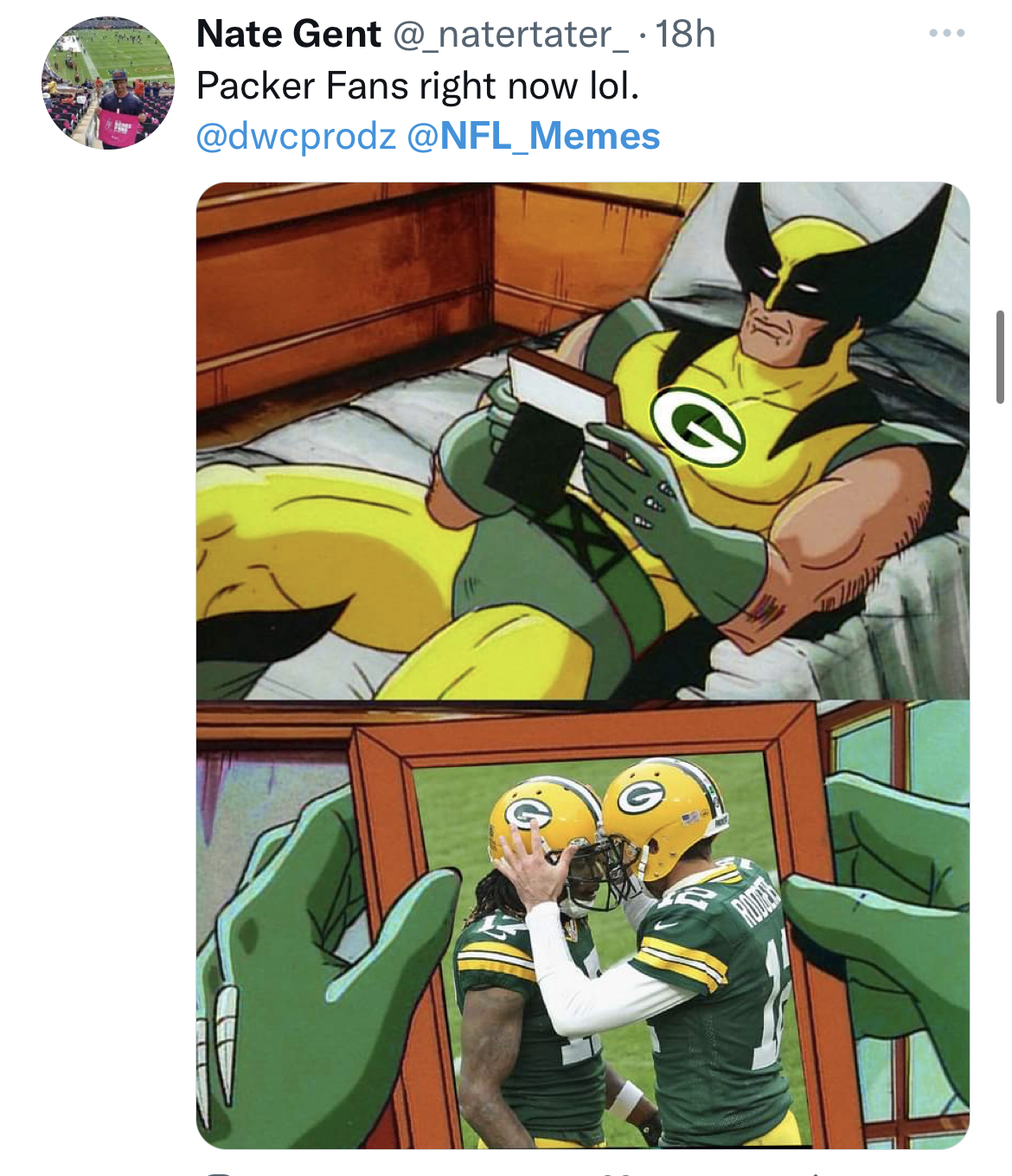 NFL memes week 1 2022 - wolverine and akuma best friends - Nate Gent .18h Packer Fans right now lol. C Q