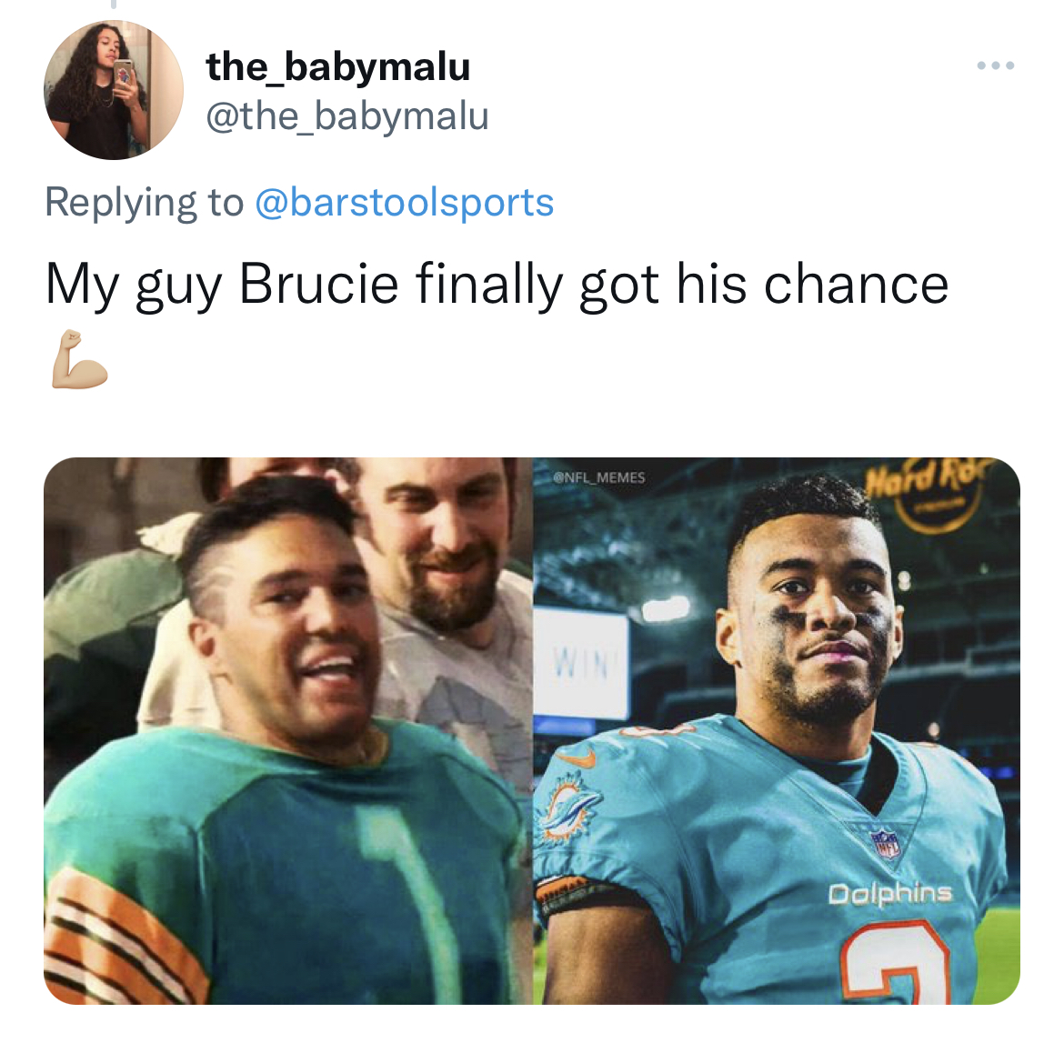 NFL memes week 1 2022 - human behavior - the_babymalu My guy Brucie finally got his chance Nfl Memes Win Hard Ror Dolphins