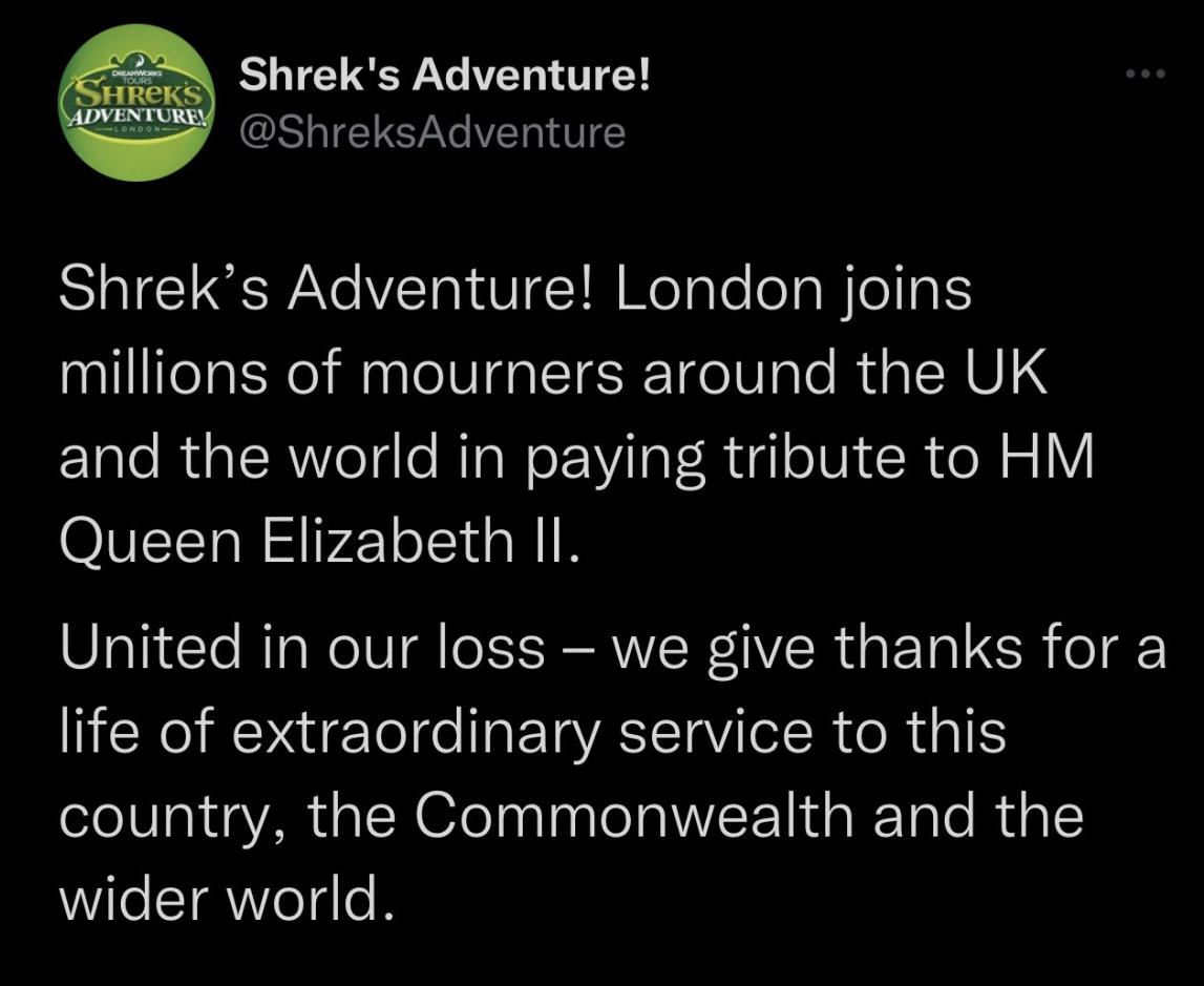 Queen Elizabeth II Death Reactions - turning red twitter meme - Dreamworks Shreks Adventure! Londoni Shrek's Adventure! Shrek's Adventure! London joins millions of mourners around the Uk and the world in paying tribute to Hm Queen Elizabeth Ii. United in 
