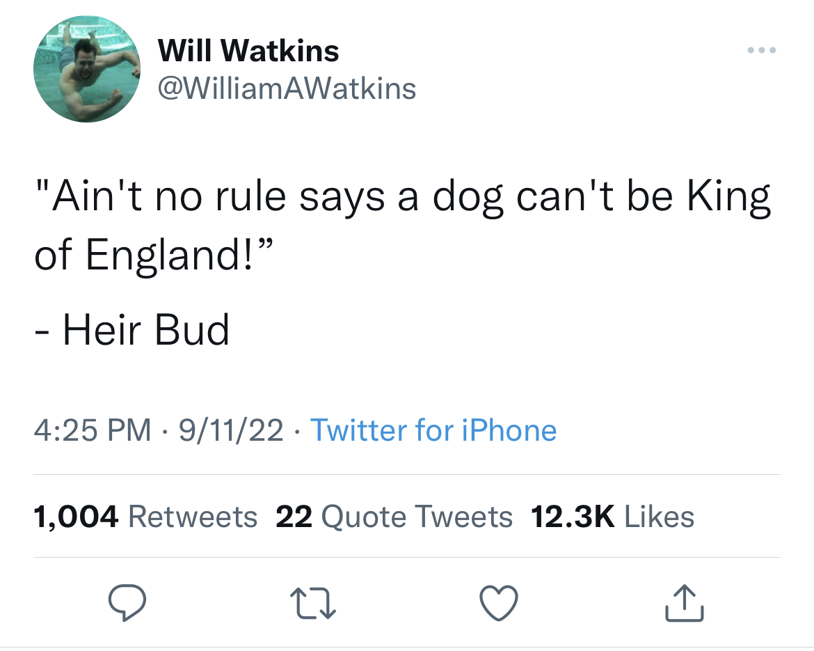 Fresh Daily Tweets - y all do a lot of talking then its - Will Watkins "Ain't no rule says a dog can't be King of England!" Heir Bud 91122 Twitter for iPhone 1,004 22 Quote Tweets 27